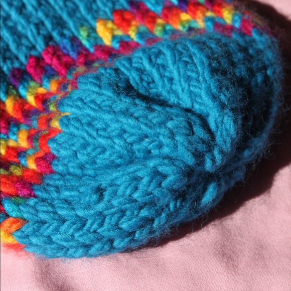 EUC Hand-Crocheted Turquoise/Rainbow Winter Beanie Hat - Picture 5 of 5